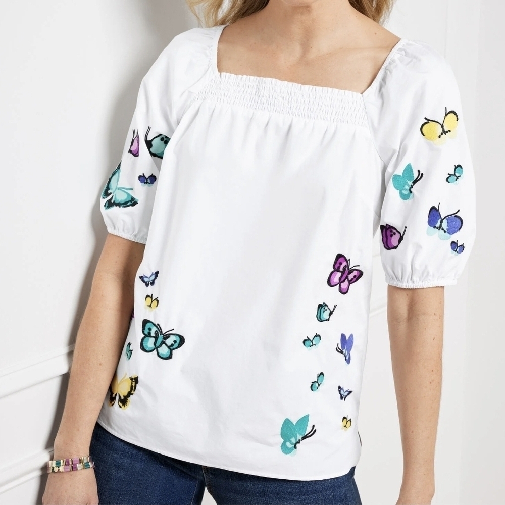 Talbots White Top with Colorful Butterfly Print Size L